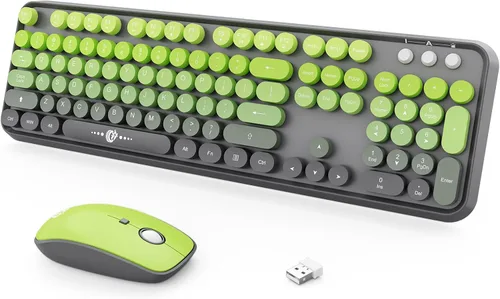 Vista 14 de FOPETT Combo de teclado y ratón inalámbrico, 104 teclas de tamaño completo 2.4 GHz, teclados coloridos con teclas redondas, receptor USB Plug and