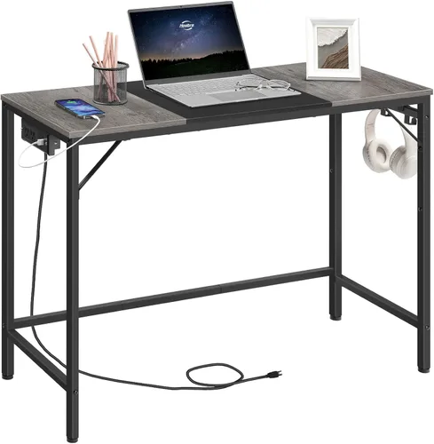Vista 12 de HOOBRO BB40UDN01 - Escritorio pequeño de 31.5 pulgadas con toma de corriente, mesa de escritura con puertos de carga USB y 3 ganchos para oficina