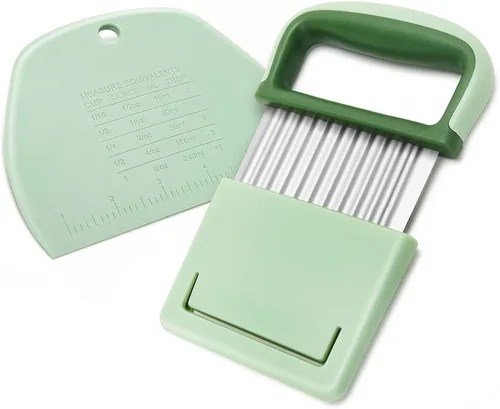 Picador de verduras - Cortador de acero inoxidable arrugado / cuchillo ondulado para verduras y papas fritas y raspador de masa de plástico / Verde
