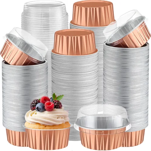 Vista 17 de Gejoy 400 tazas de papel de aluminio para hornear con tapas, moldes desechables de 5 onzas, mini moldes para tartas, moldes para magdalenas, moldes