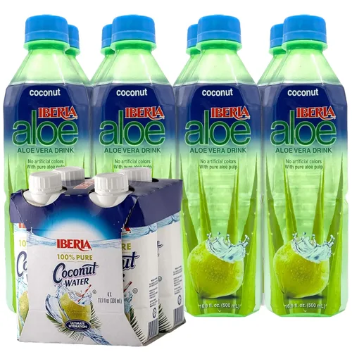 Iberia Agua de coco 100% natural de 11.1 onzas (paquete de 4) + bebida de jugo de aloe vera Iberia Coco, 16.9 onzas líquidas (paquete de 8)