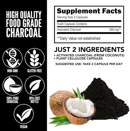 Vista 5 de Yerba Prima Carbón de coco activado, 60 cápsulas - Desintoxicación natural - Vegetariano, vegano, sin gluten, sin OMG