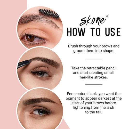 Vista 4 de Skone Cosmetics The Original Brow Wand - Lápiz de cejas con cepillo, retráctil de doble cara, impermeable, de larga duración, lápices de cejas