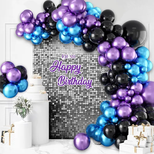 Vista 7 de Kit de arco de globos morados y azules, 105 globos de cumpleaños de 5, 10, 18 pulgadas, kit de guirnalda de globos de color azul metálico, morado