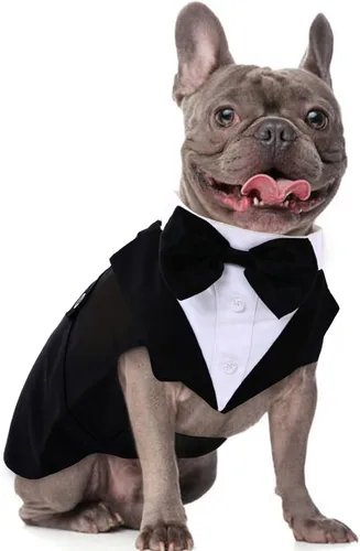 Vista 19 de DORA BRIDAL Esmoquin para perros pequeños, traje de perro y corbatín, traje formal de boda para perros, conjunto de esmoquin y bandana