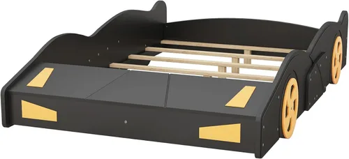 Vista 6 de Harper & Bright Designs Cama de plataforma en forma de automóvil de tamaño matrimonial con almacenamiento y ruedas, cama matrimonial para niños