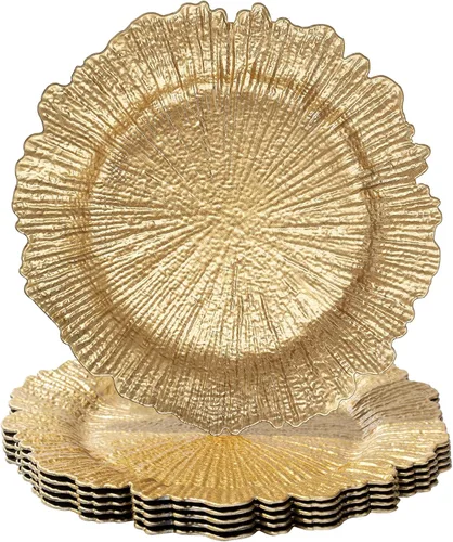 Vista 15 de MAONAME Platos Base Naranjas, Platos Base de Arrecife para Plato de Cena, Platos Base de Plástico de 13 Pulgadas para Decoración de Bodas, Juego de 6
