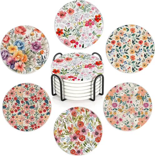 Vista 13 de Juego de 6 posavasos con soporte, posavasos de cerámica absorbentes de la serie acuarela azul con base de corcho, se adaptan a todas las tazas, gran