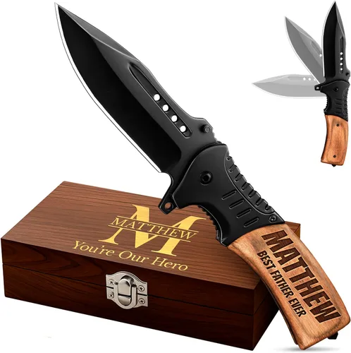 Vista 12 de Cuchillo de bolsillo para hombres con mango de madera, rompedor de vidrio y clip de bolsillo, hoja afilada de 3.66 pulgadas, cuchillos plegables