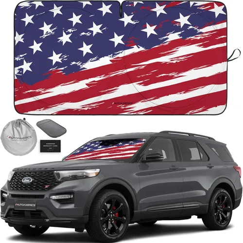 Vista 85 de Autoamerics Parasol para parabrisas de 1 pieza, diseño de camuflaje marrón con bandera estadounidense de Estados Unidos, parasol plegable