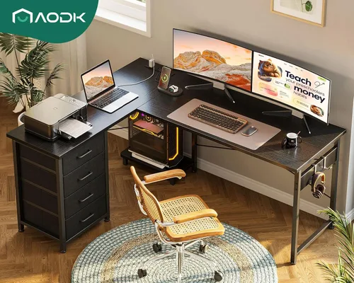 Vista 9 de AODK Escritorio para juegos en forma de L con 4 cajones, escritorios reversibles de oficina en casa de 53 pulgadas con tomas de corriente