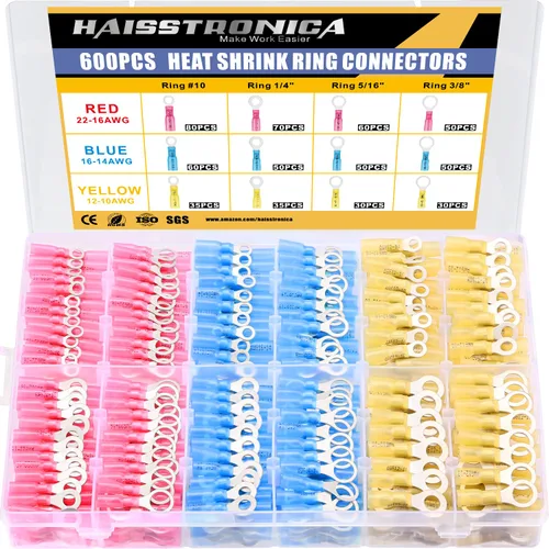 Vista 14 de haisstronica Terminales de anillo, 100 conectores de anillo termorretráctil de grado marino, conectores de cable amarillo, cobre rojo estañado #10