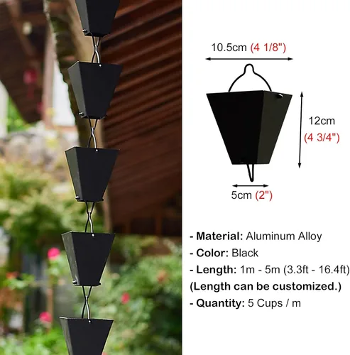 Vista 7 de Square Rain Chain with Large Cups, 8 8.5 10 12 14 Feet Gutter Chain Downspout, Black Powder Coated Rain Chain Funneling for Outside,1m (33ft)