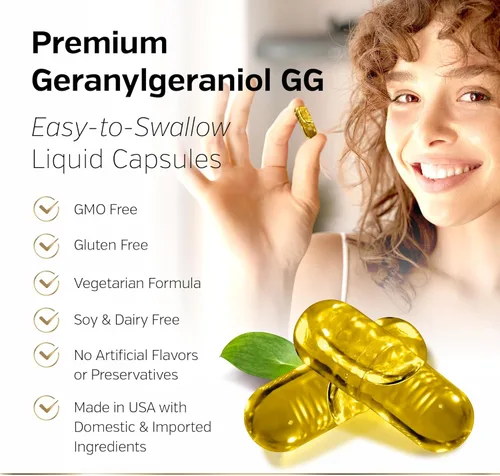 Vista 5 de Sunergetic Suplemento premium de geranilgeraniol - GG-Gold 150 mg con DeltaGold Vitamina E Tocotrienoles - GG derivado de Annatto para usuarios