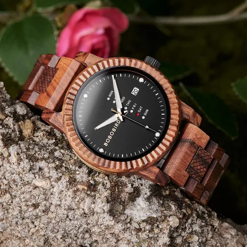 Vista 3 de BOBO BIRD Reloj de madera para hombre, analógico, de cuarzo, con pantalla de semana, ligero, hecho a mano, para hombre