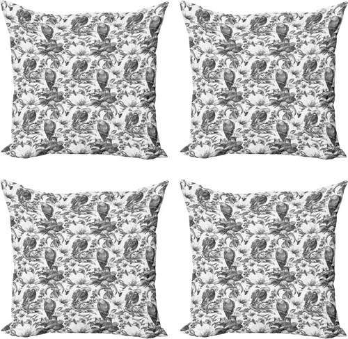 Lunarable Parrots Decorative Throw Pillow Case Pack of 4, Berries, Tropical Flowers and Parrots Jungle Hibiscus Monochromic Illustration, Cushion
