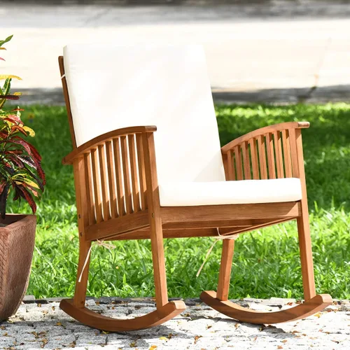 Vista 4 de Tangkula 2 mecedoras de madera de acacia para exteriores, mecedora de madera con cojines lavables desmontables, balancín para porche, jardín, patio