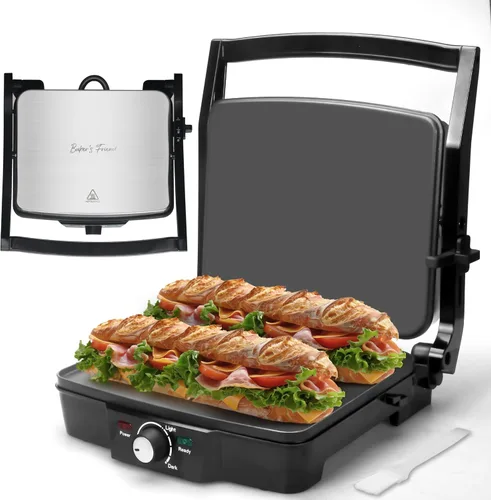 Baker's Friend Prensa Panini Eléctrica Plancha, Prensa Panini Parrilla Sandwichera, Prensa Eléctrica para Queso Fundido, Sandwichera Eléctrica,