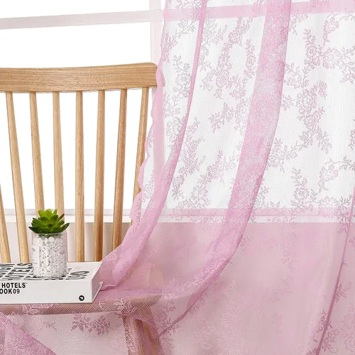 Vista 2 de Cortinas traslúcidas de encaje rosa para dormitorio, 55 x 54 pulgadas, paneles de cortina de encaje con rosas florales francesas, cortinas duraderas
