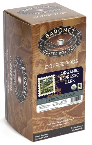 Baronet Coffee Organic ESE Espresso Pods – Espresso Roast , 0.25 oz – Envueltas individualmente para mayor frescura, sabor rico y tradicional, 18