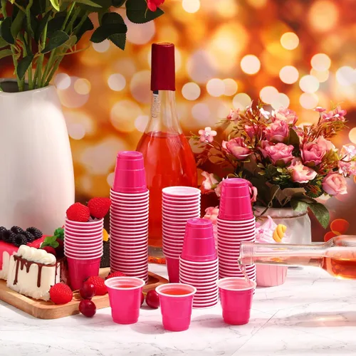 Vista 99 de Roshtia Paquete de 100 vasos de plástico de 2 onzas, mini vasos de chupito desechables de graduación de 2 onzas para fiesta de graduación, boda