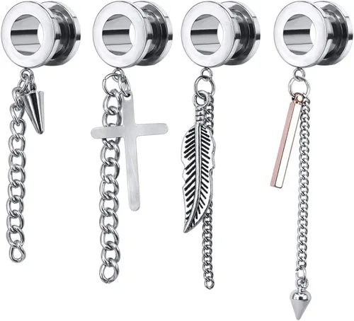ZS 4 piezas de cadena de plumas, calibre de oreja de acero quirúrgico, túnel de oreja cruzado, piercing de estiramiento de oreja de 0.14oz - 78