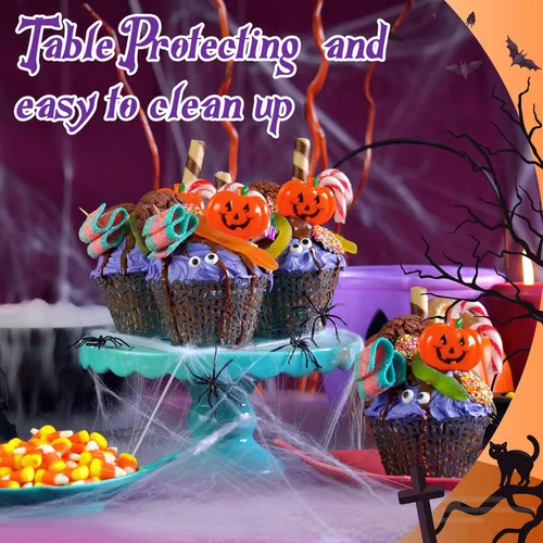Vista 6 de Amylove Mantel de plástico desechable de Halloween para mesas redondas, impermeable, para fiestas y decoraciones de Halloween, 84 pulgadas, negro