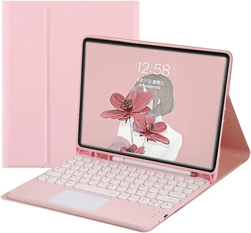 Vista 9 de Funda de teclado para iPad 6ª/5ª generación, Air/Air 2/Pro 9.7 pulgadas Funda con lindas teclas redondas color caramelo teclado con touchpad (Negro)