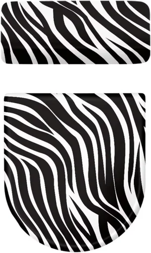 Vista 6 de Cubierta de asiento de inodoro con estampado de cebra, cubierta de tapa de tanque de inodoro ovalada negra, alargada, redonda, repuesto