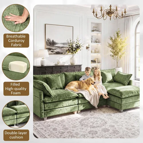 Vista 6 de Sofá modular en forma de L de 112 pulgadas con 1 otomana, cama convertible de nube de asiento profundo, 3 cojines de 2 brazos, cómodos muebles Verde