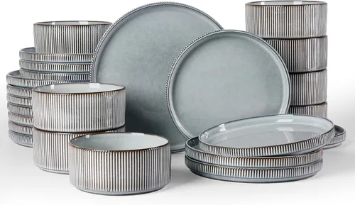 Vista 14 de famiware Juego de vajilla con estrellas, juego de platos y cuencos para 4, 12 piezas de vajilla acanalada - Resistente a las astillas y a