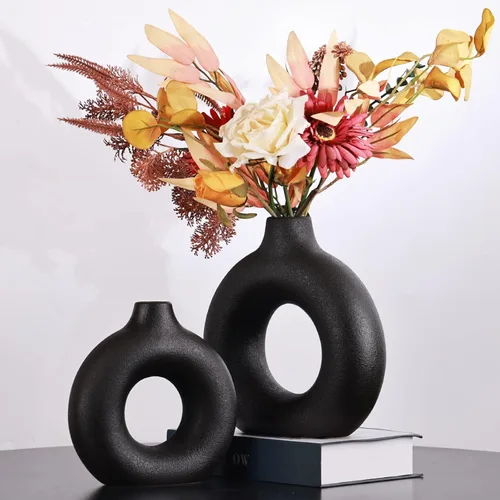 Vista 6 de Jarrón de cerámica negro mate para decoración del hogar, juego de 2 jarrones minimalistas con forma de dona, decoración bohemia moderna para centro