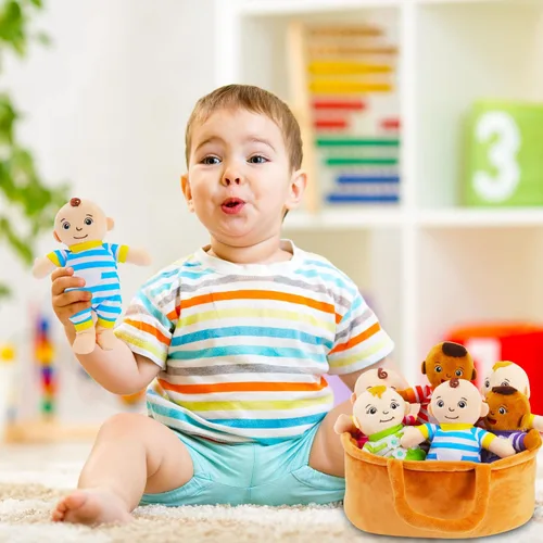 Vista 5 de Cesta de muñecas de felpa para bebés, muñecas de peluche de 8 pulgadas, juego de 6 piezas intercambiables para todas las edades