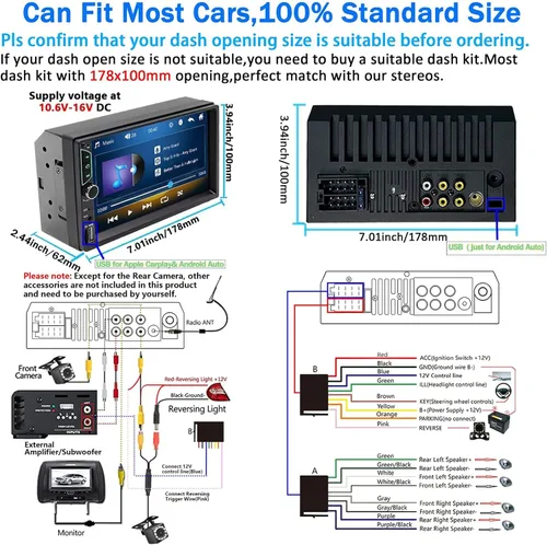 Vista 6 de Estéreo de Auto Doble DIN con Apple CarPlay Inalámbrico, Android Auto Inalámbrico, Pantalla Táctil HD de 7 Pulgadas, Radio de Coche con Bluetooth