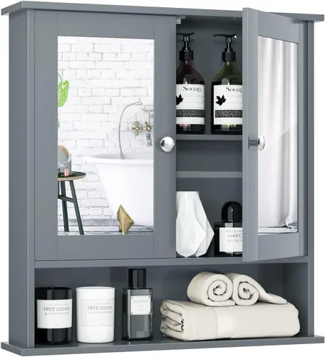 Tangkula - Armario de baño con espejo, organizador colgante de madera montado en la pared con puertas y estantes, espejo de pared para baño (puertas
