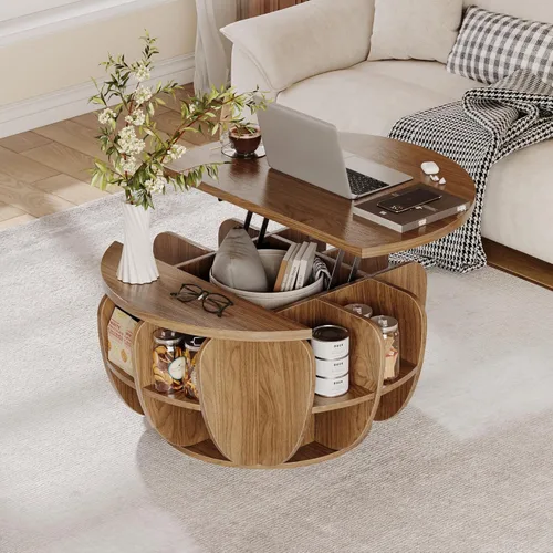 Vista 11 de Mesa auxiliar de 32.7 pulgadas con almacenamiento, mesa central redonda de madera natural con compartimento de almacenamiento oculto y estantes