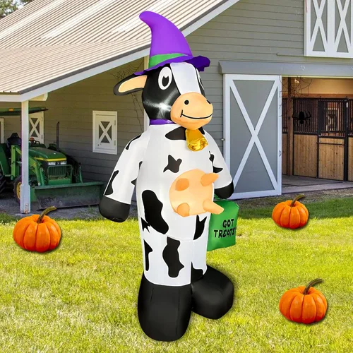 Vista 2 de Decoración inflable de vaca de Halloween de 4 pies con luz LED, decoración inflable de Halloween al aire libre para fiesta de Halloween