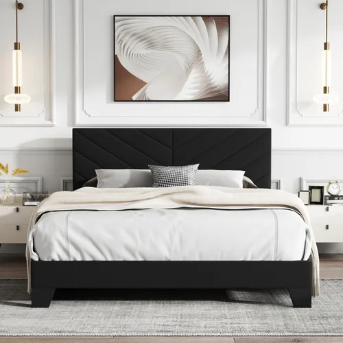 Vista 11 de Cama de plataforma tapizada de tamaño matrimonial, base de cama matrimonial con cabecera copetuda, marco resistente y listones de madera
