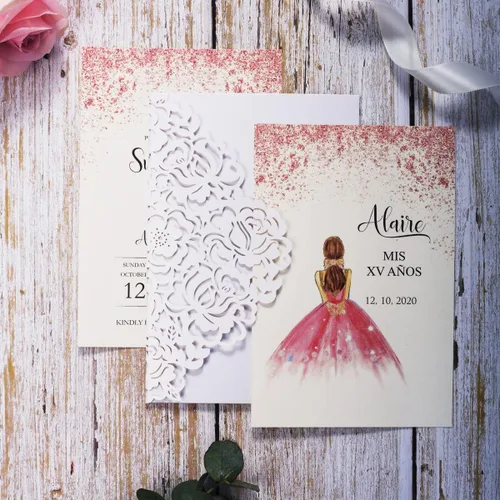 Vista 3 de 50 tarjetas de invitación de quinceañera personalizadas blancas con sobres, de 5 x 7.3 pulgadas, corte láser, bolsillo hueco de rosa