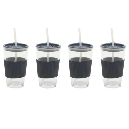 Vista 7 de Mr. Coffee Sip Savvy - Paquete de 4 vasos de vidrio rosa rubor de 15 onzas con tapas y pajillas, reutilizables para café helado, aptos para rosado
