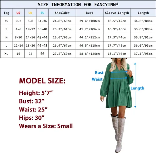 Vista 6 de FANCYINN Cute Shift Tunic Dress for Women Ruffle Swing Babydoll Mini Long Sleevee Dress with Pockets