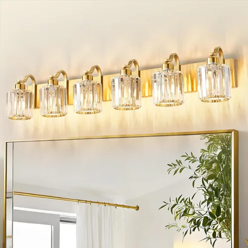 Vista 16 de Luces modernas de cristal para tocador de baño, 3 luces negras y doradas, lámparas de baño sobre el espejo, iluminación de pared de cristal