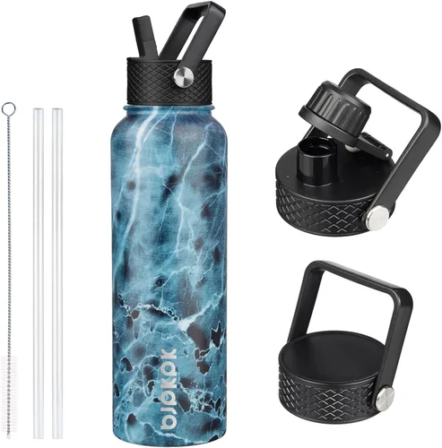 Vista 115 de BJPKPK - Botellas de agua aisladas con tapa de popote, botella de agua de acero inoxidable de 27 onzas con 3 tapas, termo de metal libre de BPA a