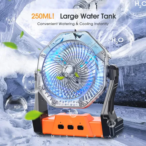 Vista 2 de Ausic Ventiladores portátiles de niebla para campamento, [máximo 35 horas de funcionamiento] Ventilador de refrigeración al aire libre para patios