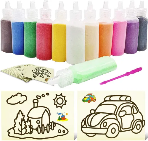 32 PCS Art Sand Kit - 12 Color Scenic Sand With 20 Sheets Sand Art Painting Cards Set, DIY Arts and Crafts, 1.25oz Bottles