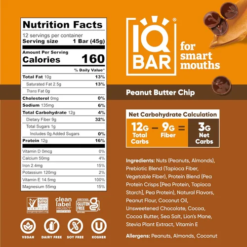Vista 2 de IQBAR Clean Plant - Barras de proteína con chispas de mantequilla de maní + chips de mantequilla de almendras, paquete de 12 unidades - Keto