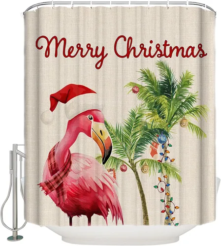 Merry Christmas Shower Curtain for Bathroom 36" x 72" Tropical Flamingo Palm Tree Shower Curtain with Hooks Polyester Waterproof Home Bathtub Decor