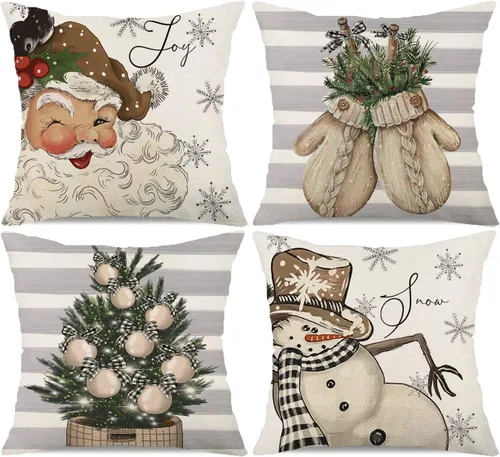 Juego de 4 fundas de almohada grises de 18 x 18 pulgadas con diseño de copos de nieve, árbol de Navidad, camión, trineo, corona, fundas de almohada