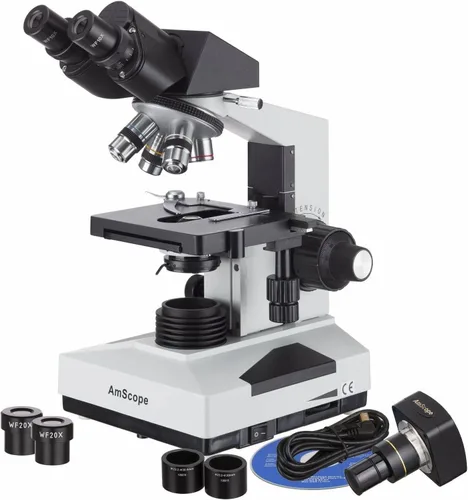 Vista 5 de AmScope B490B Microscopio binocular profesional compuesto, magnificado 40X-2000X lentes WF10x y WF25x, campo luminoso, iluminación halógena