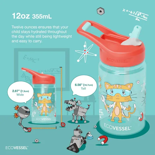Vista 2 de EcoVessel SPLASH - Botella de agua de plástico Tritan para niños con popote, tapa superior abatible a prueba de fugas y asa de transporte, botella